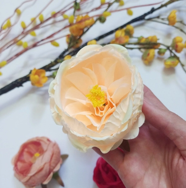 Hoa trà bon lụa giả phụ kiện trang trí tết