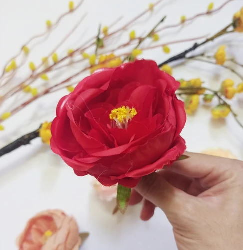 Hoa trà bon lụa giả phụ kiện trang trí tết