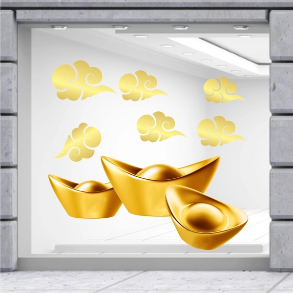 Decal trang trí tết 3 thỏi vàng và mây vàng