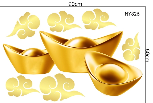 Decal trang trí tết 3 thỏi vàng và mây vàng