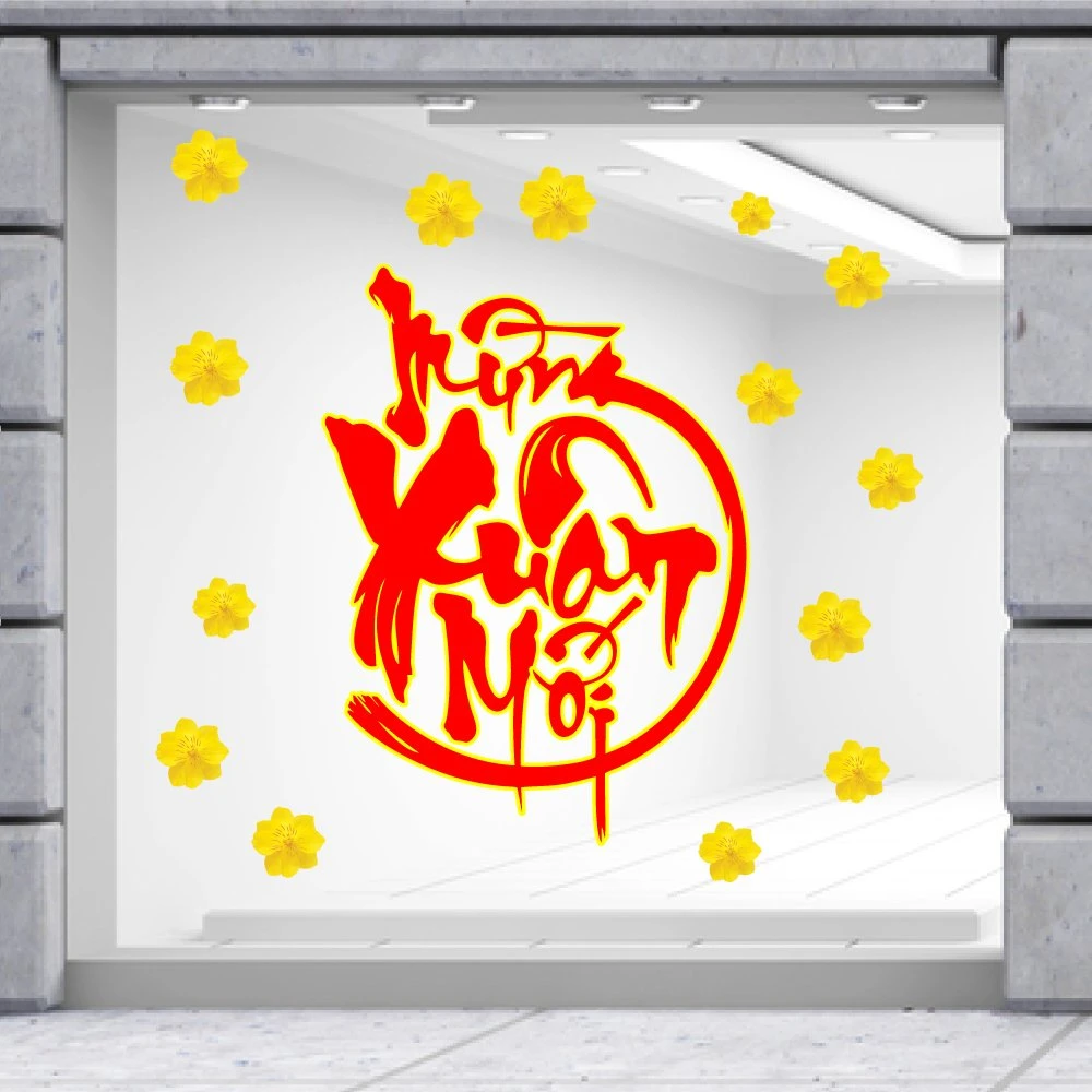 Decal mừng xuân mới và bông mai vàng trang trí tết