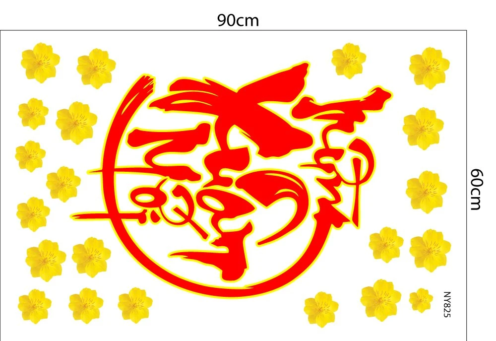 Decal mừng xuân mới và bông mai vàng trang trí tết