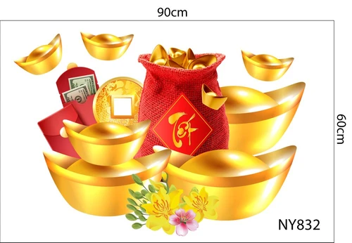 Decal trang trí tết túi tiền và thỏi vàng phát tài