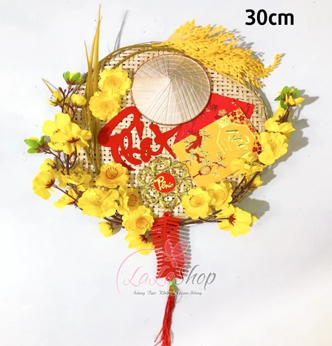 Mẹt nón lá hoa mai chữ Phát trang trí tết