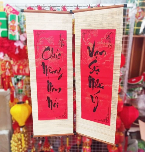 Cặp liễn mành thư pháp lớn Chúc mừng năm mới Vạn sự như ý trang trí tết