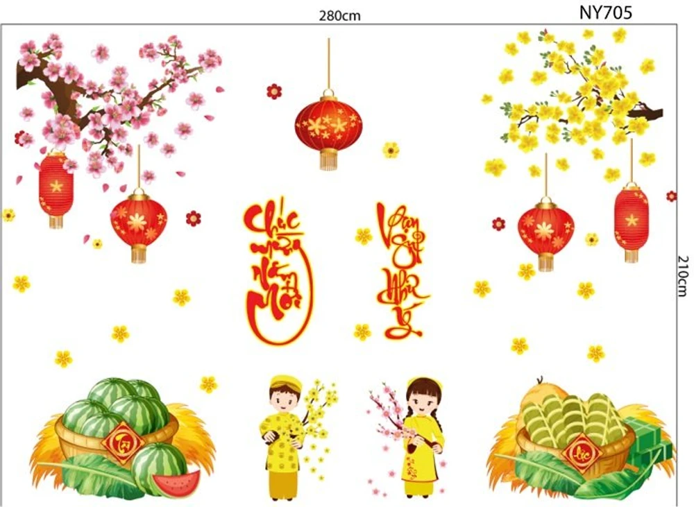 Combo decal trang trí tết bánh chưng xanh bên dưa hấu đỏ cành mai vàng bên cành đào tươi