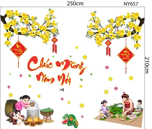 Combo decal trang trí tết Gói Bánh Chưng Ngày Tết