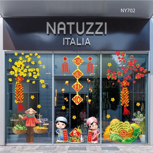 Combo decal trang trí tết mai đào khoe sắc đón xuân sang