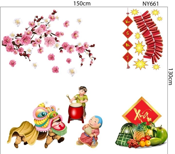 Combo decal trang trí tết múa lân như ý