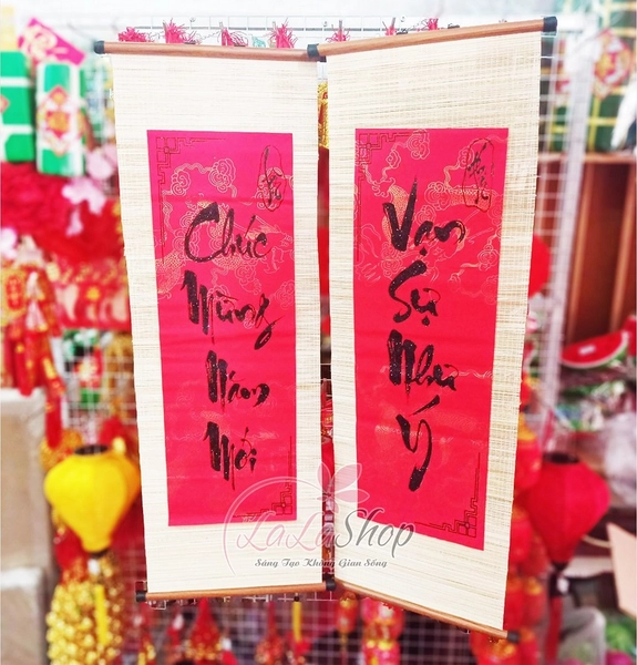Combo cặp liễn mành thư pháp lớn Chúc mừng năm mới Vạn sự như ý trang trí tết