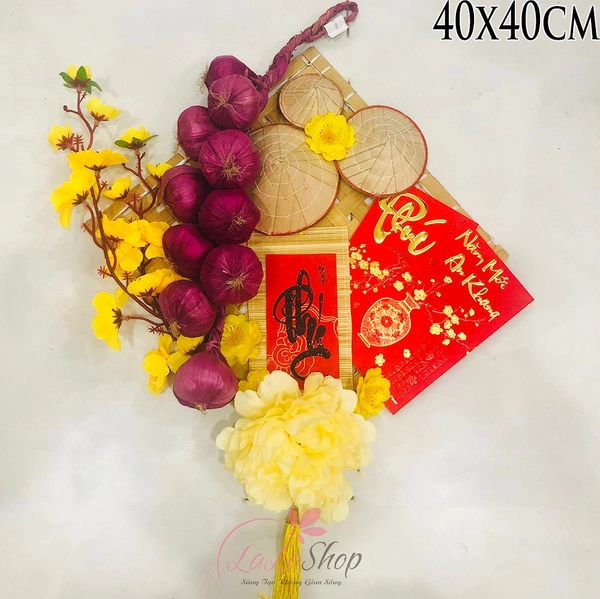 Mẹt tre củ hành tím nón lá chữ phúc trang trí tết mẫu 077