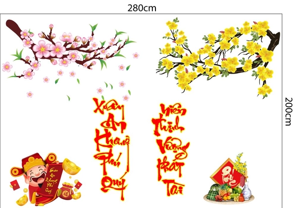 Combo decal trang trí tết thần tài và mâm ngũ quả