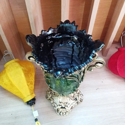 Bình hoa composite hoa văn cổ điển màu xanh ngọc cao 34cm