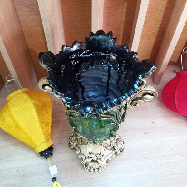 Bình hoa composite hoa văn cổ điển màu xanh ngọc cao 34cm