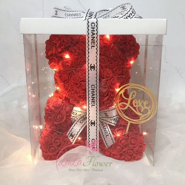 Hộp quà tặng Gấu hoa hồng kèm đèn LED và vương miệng size 40cm