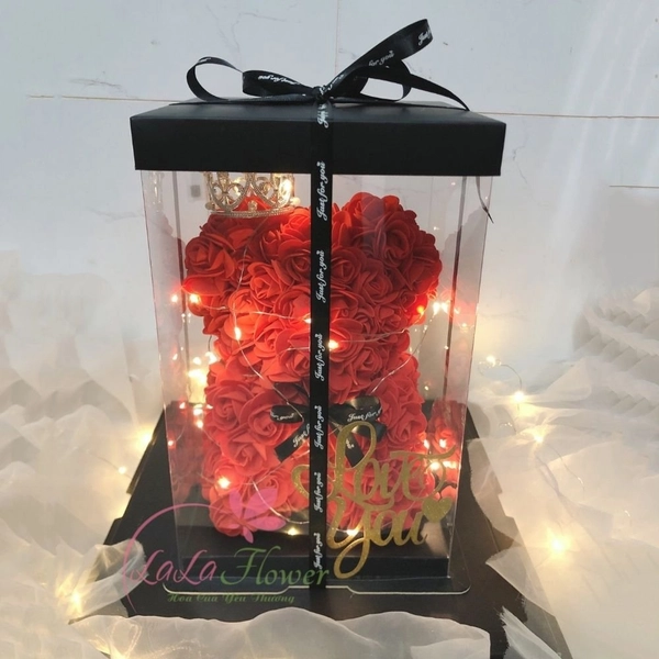 Hộp quà tặng Gấu hoa hồng xốp size 23cm kèm đèn LED và Vương miệng
