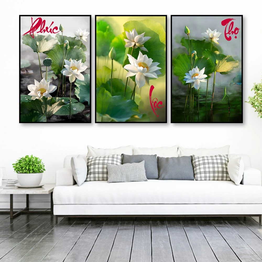 Tranh treo tường sen trắng phúc lộc thọ