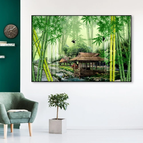 Tranh treo tường ngôi nhà giữa rừng tre xanh