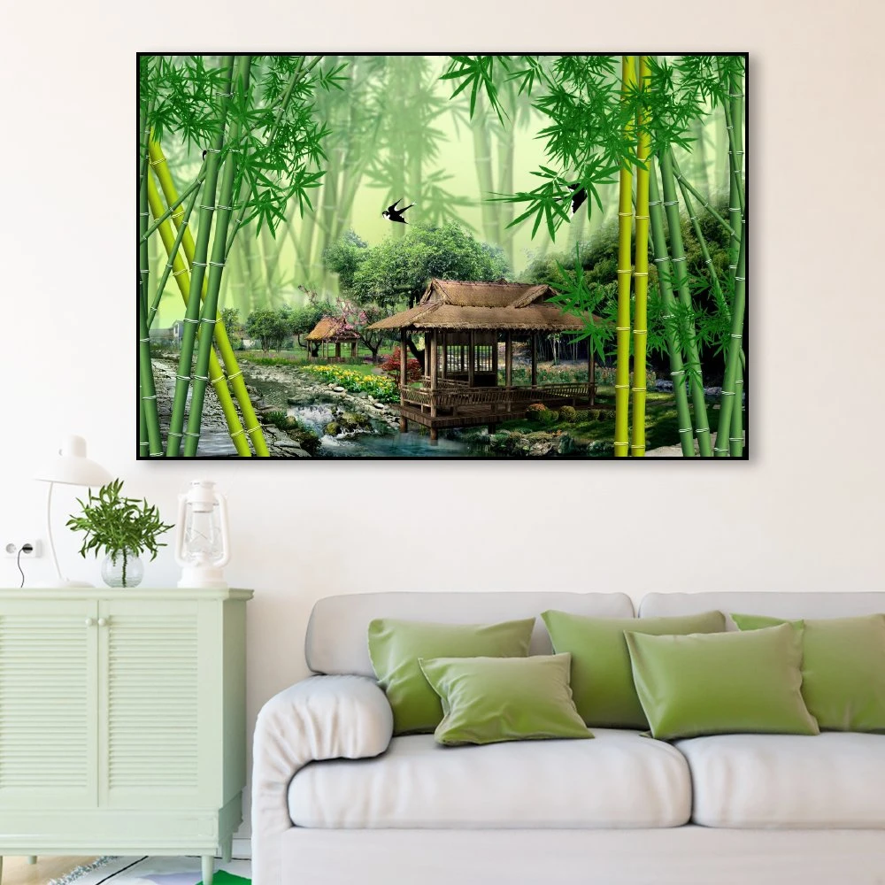 Tranh treo tường ngôi nhà giữa rừng tre xanh