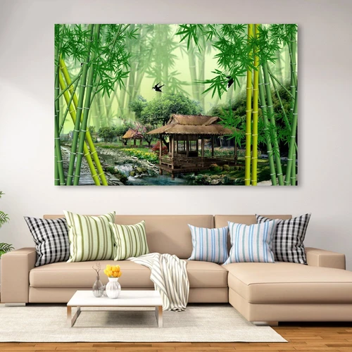 Tranh treo tường ngôi nhà giữa rừng tre xanh