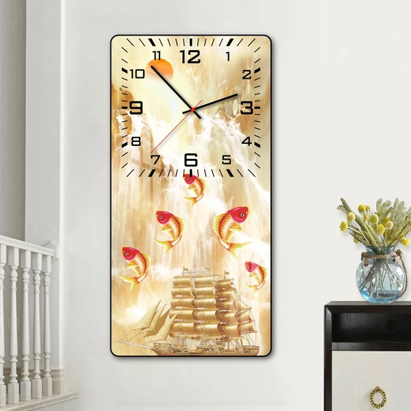 Tranh đồng hồ treo tường tráng gương chép quẩy thuyền vàng