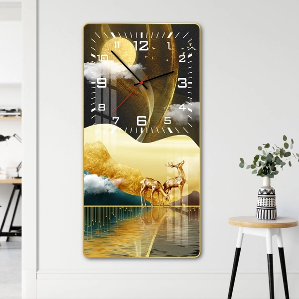 Tranh Đồng Hồ Treo Tường Tráng Gương Hươu Vàng Giữa Rừng Đem
