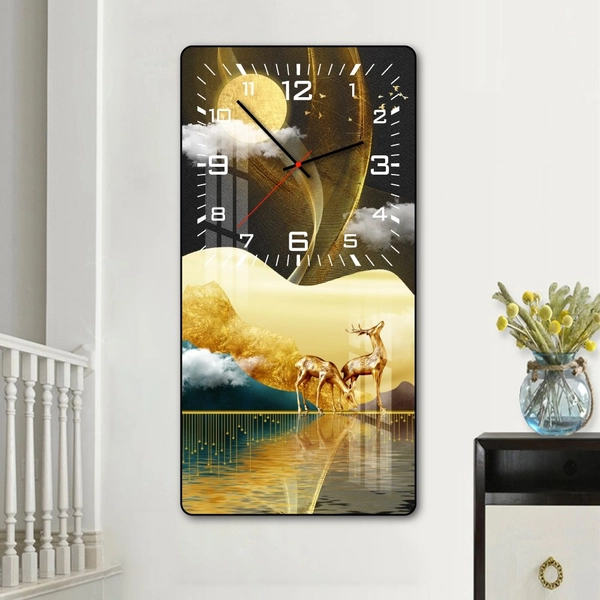 Tranh Đồng Hồ Treo Tường Tráng Gương Hươu Vàng Giữa Rừng Đem
