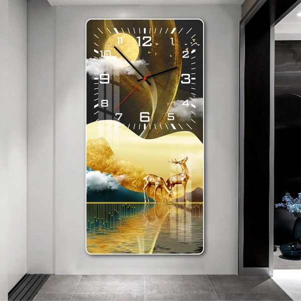 Tranh Đồng Hồ Treo Tường Tráng Gương Hươu Vàng Giữa Rừng Đem