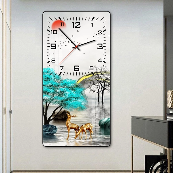 Tranh đồng hồ treo tường tráng gương nai vàng và rừng xanh
