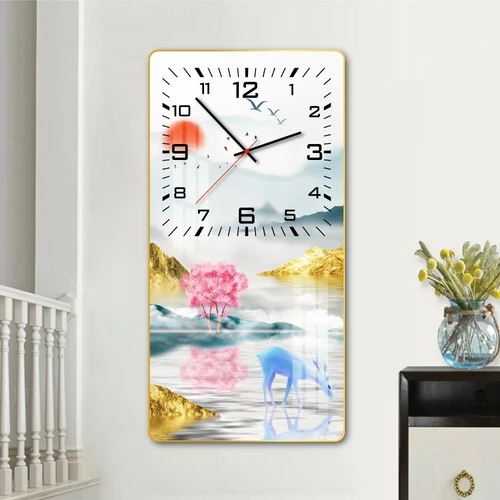 Tranh đồng hồ treo tường tráng gương nai xanh và rừng vàng