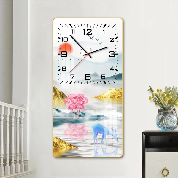 Tranh đồng hồ treo tường tráng gương nai xanh và rừng vàng