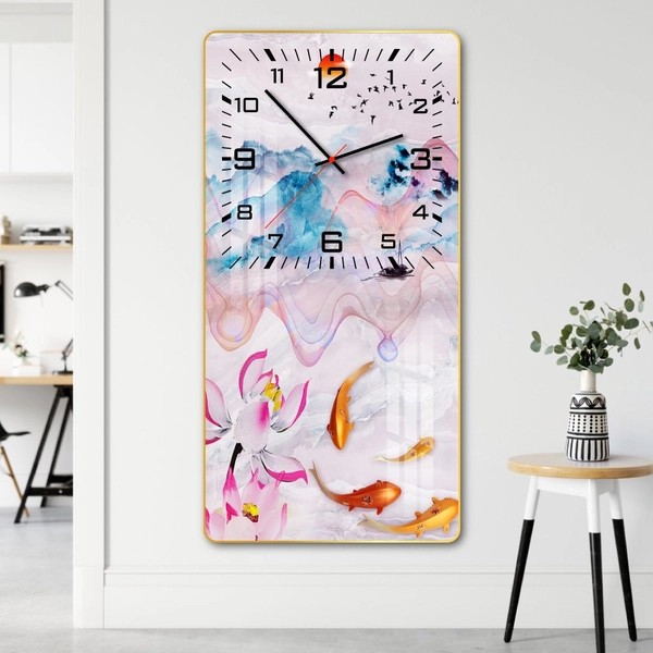Tranh đồng hồ treo tường tráng gương sen vàng trừu tượng