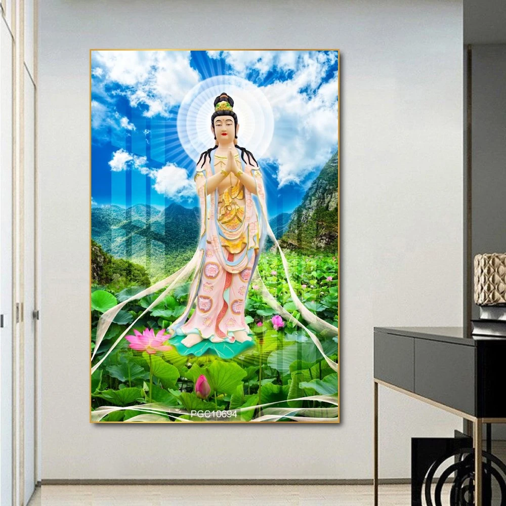 Tranh phật quan âm đứng giữa hồ sen