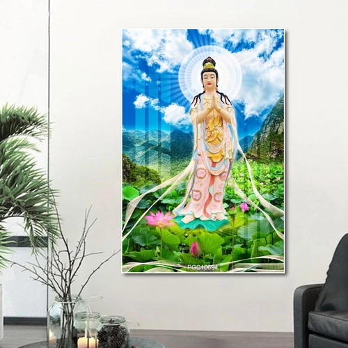 Tranh phật quan âm đứng giữa hồ sen