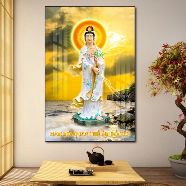 Tranh treo tường miêu tả hình ảnh quan âm bồ tát đứng trên nước