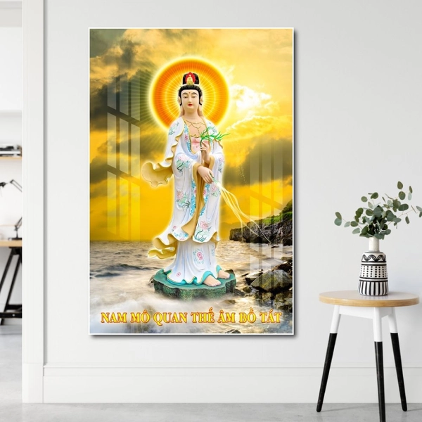 Tranh treo tường miêu tả hình ảnh quan âm bồ tát đứng trên nước