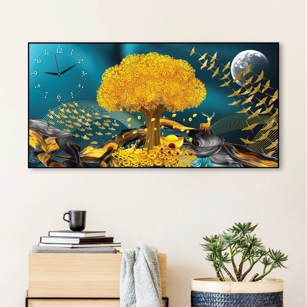 Tranh đồng hồ treo tường uv pha lê bóng cây vàng phát tài