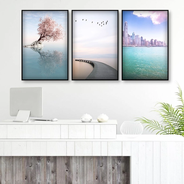 Tranh Treo Tường Phong Cảnh Biển, Anh Đào Và Cầu Gỗ