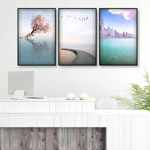 Tranh Treo Tường Phong Cảnh Biển, Anh Đào Và Cầu Gỗ