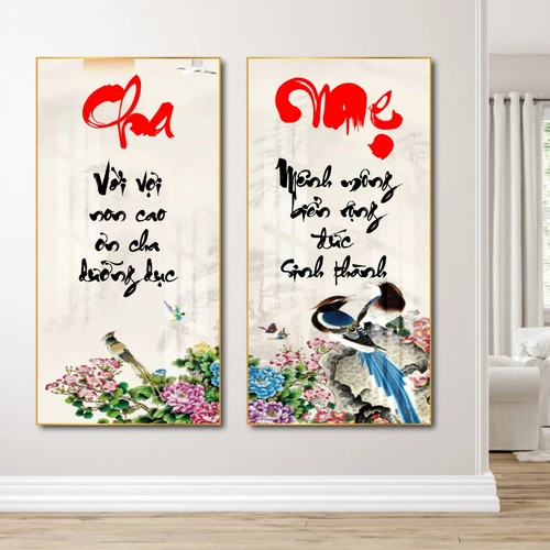 Tranh treo tường thư pháp cha mẹ và đôi chim