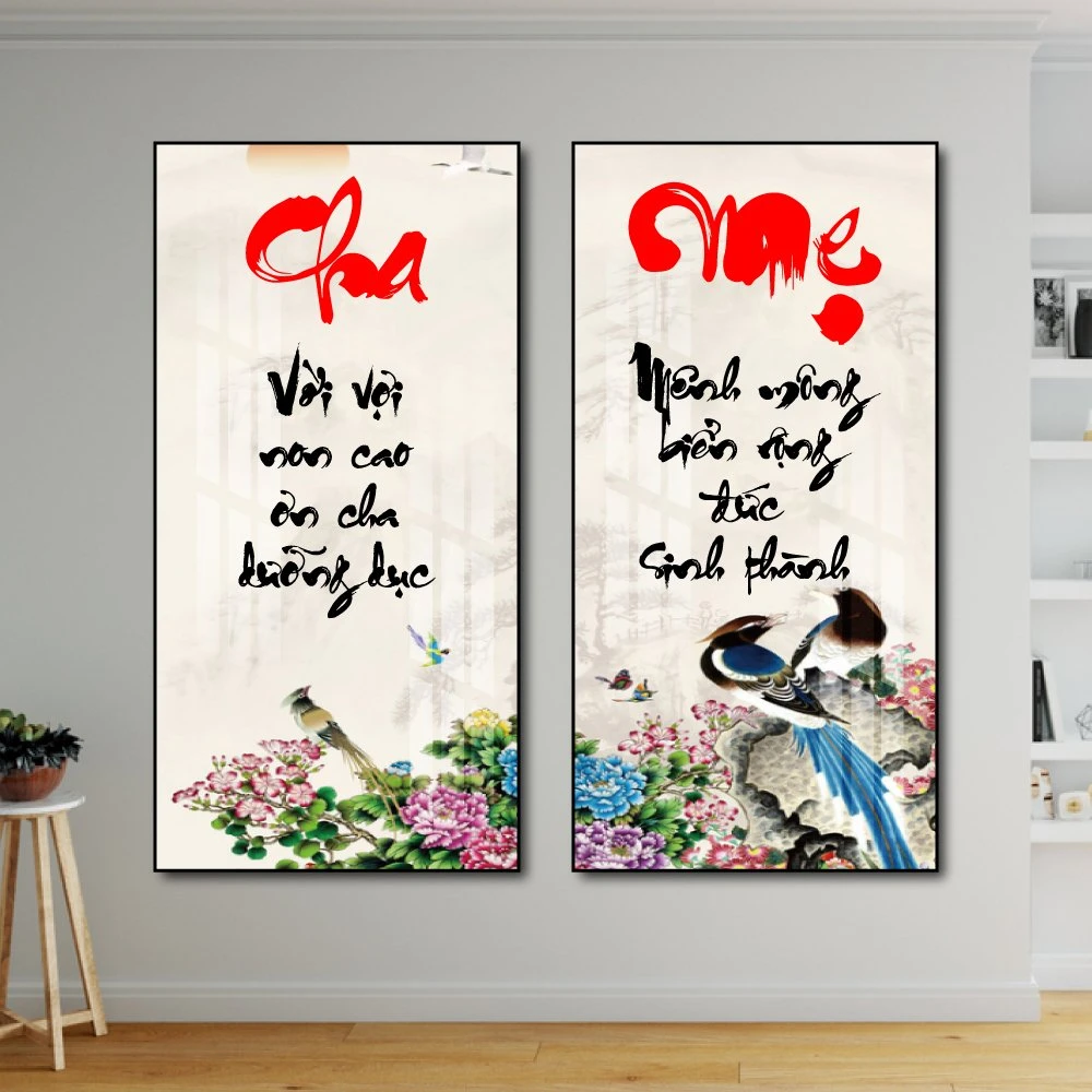 Tranh treo tường thư pháp cha mẹ và đôi chim
