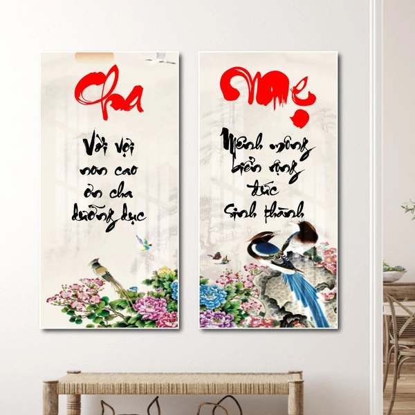 Tranh treo tường thư pháp cha mẹ và đôi chim