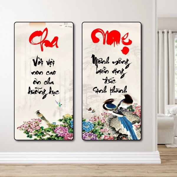 Tranh treo tường thư pháp cha mẹ và đôi chim