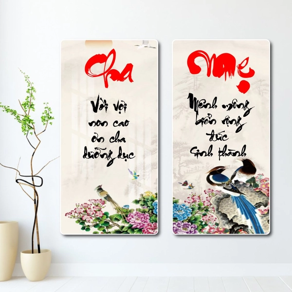 Tranh treo tường thư pháp cha mẹ và đôi chim