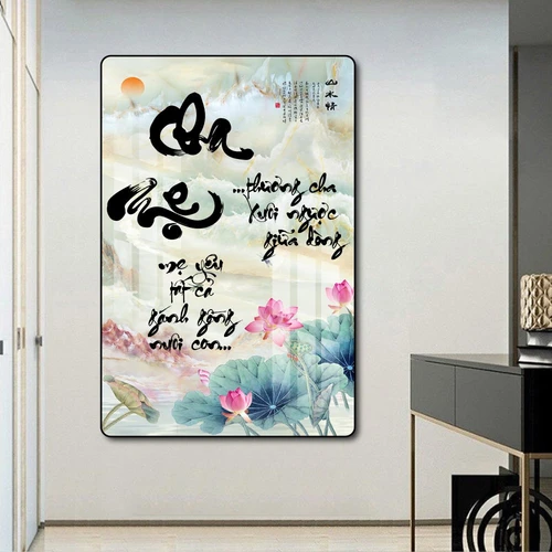 Tranh treo tường thư pháp cha mẹ và hoa sen
