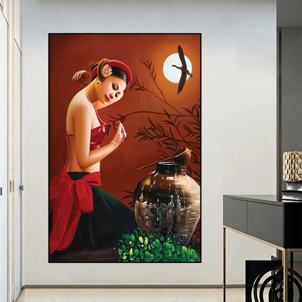 Tranh treo tường nghệ thuật cô gái bên cái lu