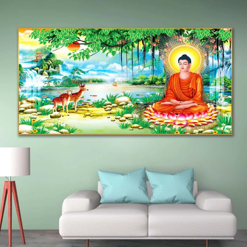 Tranh treo tường Phật Thích Ca ngồi thiền bên bờ sông