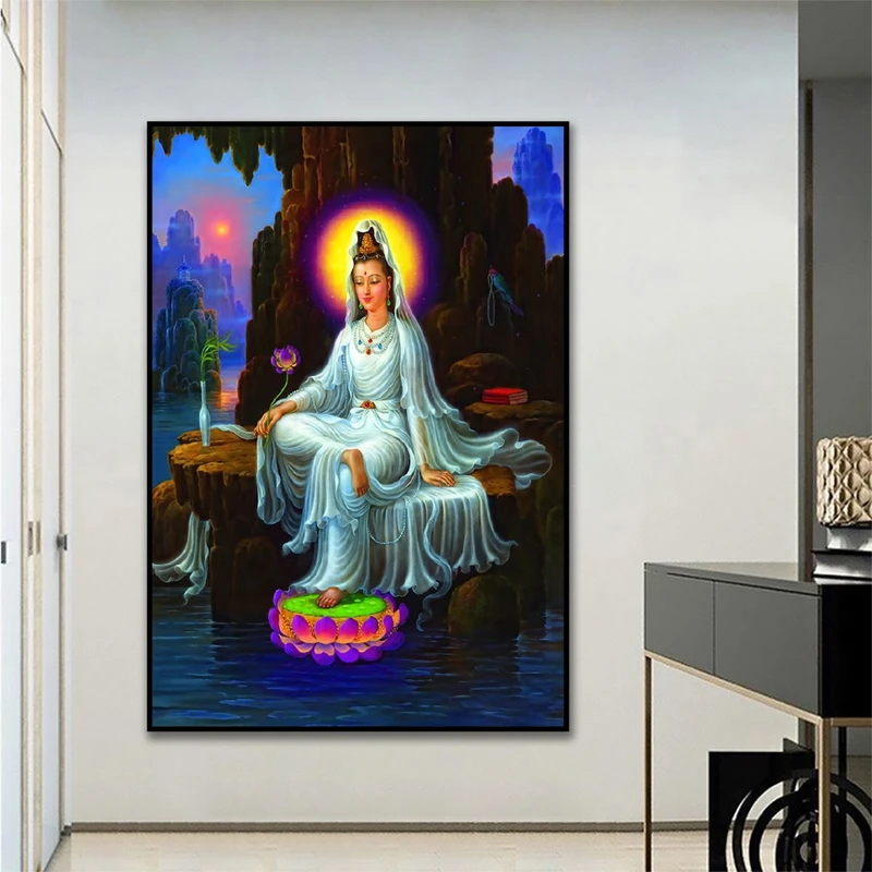 Tranh treo tường 1 tấm phật quan âm ngồi bên hồ nước