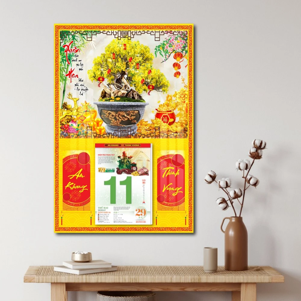 Lịch treo tường chậu mai vàng 2023