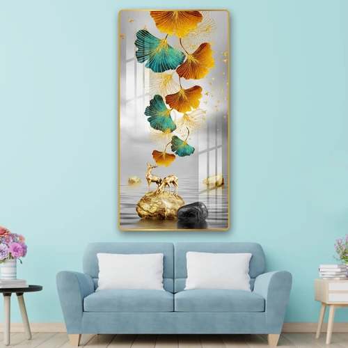 Tranh treo tường nghệ thuật lá rẻ quạt và nai vàng